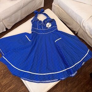 Hell Bunny 1950s Pin-Up Halter Swing Dress – Blue Polka Dot – 2XL (NWT)